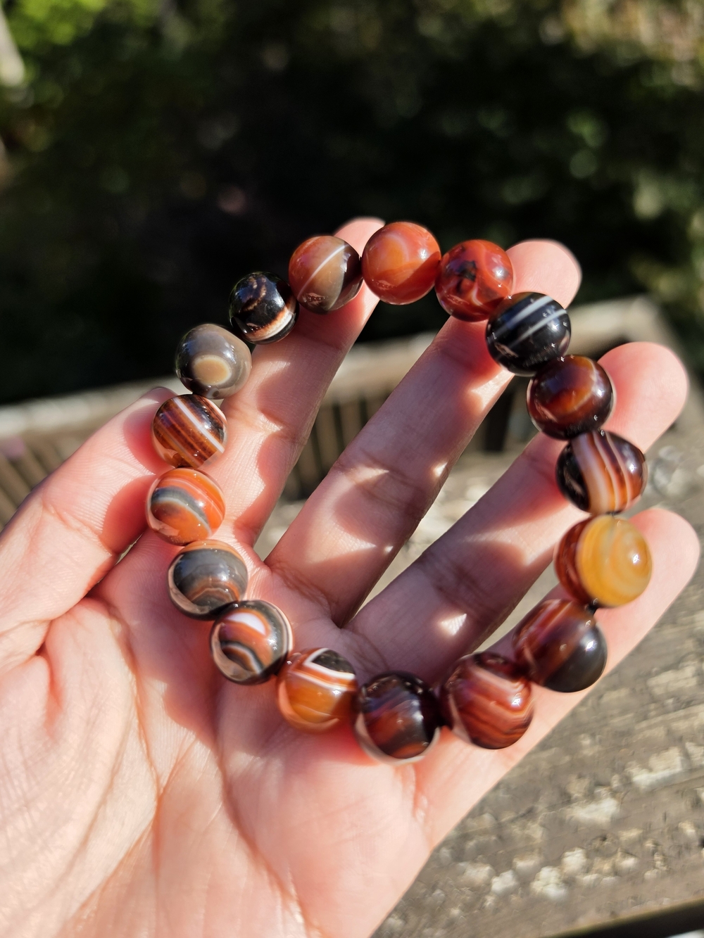 Natural Banded Agate Bead Stretch Bracelet - Orange & Brown